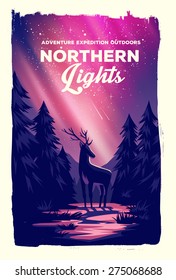 Vector poster landscape northern lights with deer