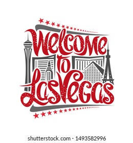 Vector poster for Las Vegas, decorative outline illustration with abstract architecture, elegant lettering - welcome to las vegas and red stars in a row, gray contour urban scene on white background.