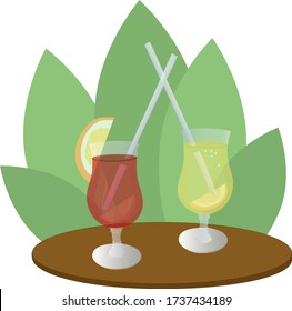 
Vector poster with lemonade, two mojito cocktails in glass glasses with lemon slices, on a wooden table and on a background of green leaves