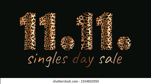 Vector poster with leopard numbers 11.11 for World Shopping Day on black background. date 11.11 for global big Sale on leopard print. Design for Novembers Chinese shopping holidays. Singles day sale