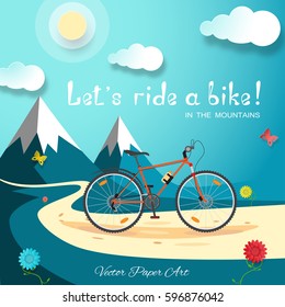 Vector poster of Let's ride a bike in the mountains on the gradient blue background with bicycle, road, sun, clouds, mountains, flowers and butterflies.