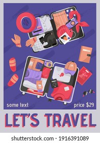 Vector poster of Lets Travel concept. Two suitcases with packed female and male clothes in top view. Things in luggage, going on vacation, journey and tourism. Illustration of advertising banner