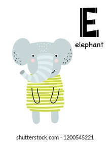 Vector poster with letter of the alphabet with cartoon elephant for kids in scandinavian style. Hand drawn graphic zoo font. Perfect for  card, label, brochure, flyer, page, banner design. ABC.