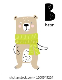 Vector poster with letter of the alphabet with cartoon bear for kids in scandinavian style. Hand drawn graphic zoo font. Perfect for  card, label, brochure, flyer, page, banner design. ABC.