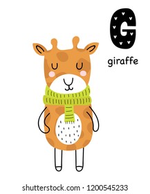 Vector poster with letter of the alphabet with cartoon giraffe for kids in scandinavian style. Hand drawn graphic zoo font. Perfect for  card, label, brochure, flyer, page, banner design. ABC.