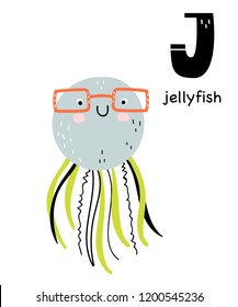 Vector poster with letter of the alphabet with cartoon jellyfish for kids in scandinavian style. Hand drawn graphic zoo font. Perfect for  card, label, brochure, flyer, page, banner design. ABC.