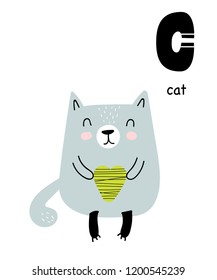Vector poster with letter of the alphabet with cartoon cat for kids in scandinavian style. Hand drawn graphic zoo font. Perfect for  card, label, brochure, flyer, page, banner design. ABC.