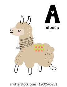 Vector poster with letter of the alphabet with cartoon alpaca for kids in scandinavian style. Hand drawn graphic zoo font. Perfect for  card, label, brochure, flyer, page, banner design. ABC.