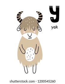 Vector poster with letter of the alphabet with cartoon yak for kids in scandinavian style. Hand drawn graphic zoo font. Perfect for  card, label, brochure, flyer, page, banner design. ABC.