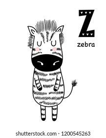 Vector poster with letter of the alphabet with cartoon zebra for kids in scandinavian style. Hand drawn graphic zoo font. Perfect for  card, label, brochure, flyer, page, banner design. ABC.