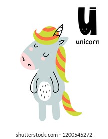 Vector poster with letter of the alphabet with cartoon unicorn for kids in scandinavian style. Hand drawn graphic zoo font. Perfect for  card, label, brochure, flyer, page, banner design. ABC.