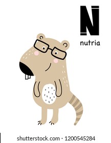 Vector poster with letter of the alphabet with cartoon nutria for kids in scandinavian style. Hand drawn graphic zoo font. Perfect for  card, label, brochure, flyer, page, banner design. ABC.