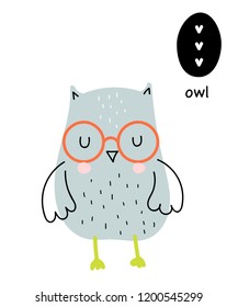 Vector poster with letter of the alphabet with cartoon owl for kids in scandinavian style. Hand drawn graphic zoo font. Perfect for  card, label, brochure, flyer, page, banner design. ABC.