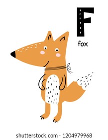 Vector poster with letter of the alphabet with cartoon fox for kids in scandinavian style. Hand drawn graphic zoo font. Perfect for card, label, brochure, flyer, page, banner design. ABC.