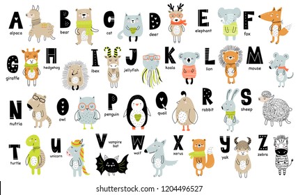 Vector poster with letters of the alphabet with cartoon animals for kids in scandinavian style. Hand drawn graphic zoo font. Perfect for card, label, brochure, flyer, page, banner design. ABC.