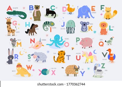 Vector poster with letters of the English alphabet with cute animals for children on a neutral background.