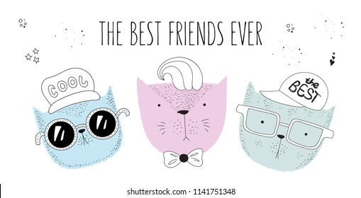 Vector poster with line drawing hipster cats with cool slogan. Doodle illustration. Friendship day, Valentine's, anniversary, birthday, children's or teenager party