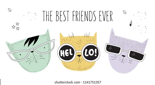 Vector poster with line drawing hipster cats with cool slogan. Doodle illustration. Friendship day, Valentine's, anniversary, birthday, children's or teenager party