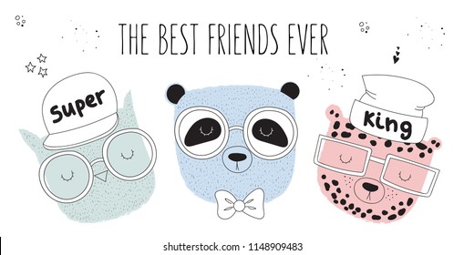 Vector poster with line drawing hipster animals with cool slogan. Doodle illustration. Friendship day, Valentine's, anniversary, birthday, children's or teenager party