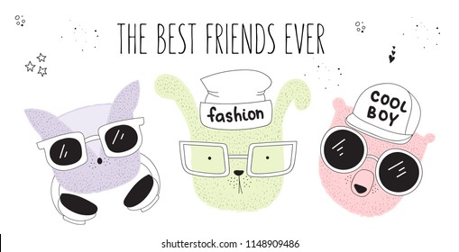 Vector poster with line drawing hipster animals with cool slogan. Doodle illustration. Friendship day, Valentine's, anniversary, birthday, children's or teenager party