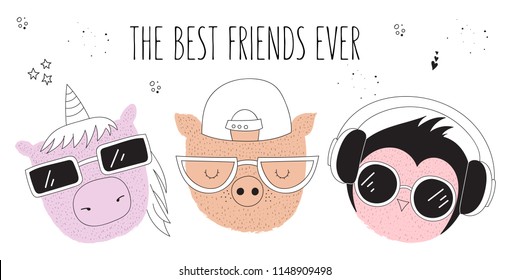 Vector poster with line drawing hipster animals with cool slogan. Doodle illustration. Friendship day, Valentine's, anniversary, birthday, children's or teenager party