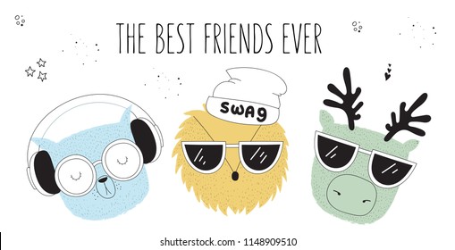 Vector poster with line drawing hipster animals with cool slogan. Doodle illustration. Friendship day, Valentine's, anniversary, birthday, children's or teenager party