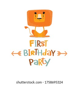 vector poster with lion and phrase "first birthday party". cartoon lion. baby shower


