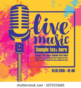 Vector poster for a live music concert with a microphone and place for text on background of colored spots