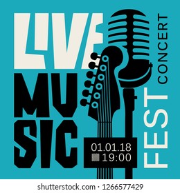 Vector poster for live music festival or concert with neck of acoustic guitar and microphone on the blue background