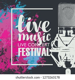Vector poster for a live music festival with a realistic microphone on the abstract background with bright colored spots