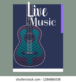 Vector poster for a live music festival with a microphone, acoustic guitar and inscription in retro style. Template for flyers, banners, invitations, brochures and covers