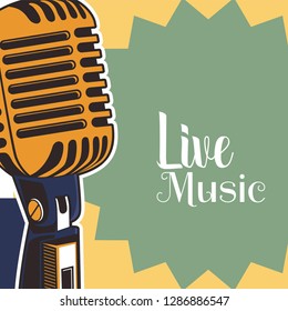 Vector poster for a live music festival with a microphone, acoustic guitar and inscription in retro style. Template for flyers, banners, invitations, brochures and covers