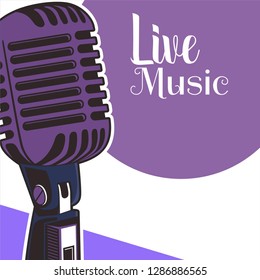 Vector poster for a live music festival with a microphone, acoustic guitar and inscription in retro style. Template for flyers, banners, invitations, brochures and covers