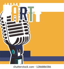 Vector poster for a live music festival with a microphone, acoustic guitar and inscription in retro style. Template for flyers, banners, invitations, brochures and covers