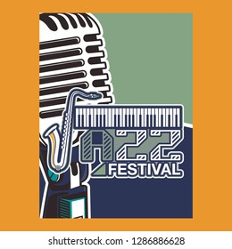 Vector poster for a live music festival with a microphone, acoustic guitar and inscription in retro style. Template for flyers, banners, invitations, brochures and covers
