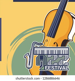Vector poster for a live music festival with a microphone, acoustic guitar and inscription in retro style. Template for flyers, banners, invitations, brochures and covers