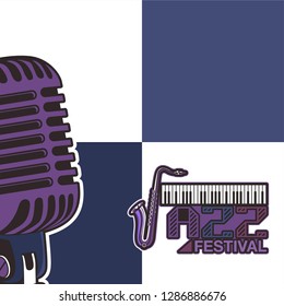 Vector poster for a live music festival with a microphone, acoustic guitar and inscription in retro style. Template for flyers, banners, invitations, brochures and covers