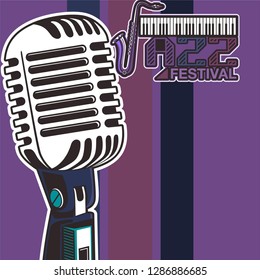 Vector poster for a live music festival with a microphone, acoustic guitar and inscription in retro style. Template for flyers, banners, invitations, brochures and covers