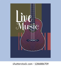 Vector poster for a live music festival with a microphone, acoustic guitar and inscription in retro style. Template for flyers, banners, invitations, brochures and covers