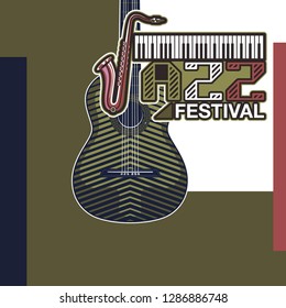 Vector poster for a live music festival with a microphone, acoustic guitar and inscription in retro style. Template for flyers, banners, invitations, brochures and covers