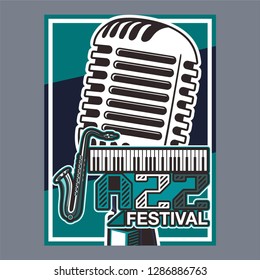 Vector poster for a live music festival with a microphone, acoustic guitar and inscription in retro style. Template for flyers, banners, invitations, brochures and covers
