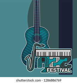 Vector poster for a live music festival with a microphone, acoustic guitar and inscription in retro style. Template for flyers, banners, invitations, brochures and covers