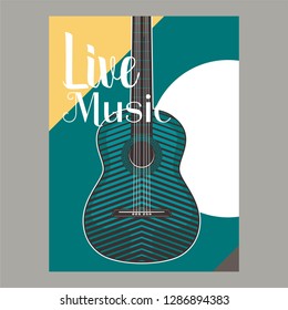 Vector poster for a live music festival with a microphone, acoustic guitar and inscription in retro style. Template for flyers, banners, invitations, brochures and covers