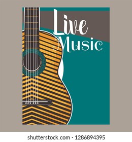 Vector poster for a live music festival with a microphone, acoustic guitar and inscription in retro style. Template for flyers, banners, invitations, brochures and covers