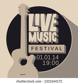 Vector poster for a live music festival or concert with an acoustic guitar and inscription in retro style. Template for flyers, banners, invitations, brochures and covers
