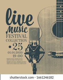 Afiche vectorial para un festival de música en vivo o concierto con guitarra, micrófono y lugar para texto en estilo retro.