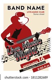 Vector poster "Live Music Night" - a man in a hat plays the guitar. Easily editable retro poster template for a live concert. Old style promo material - black man with musical instrument.