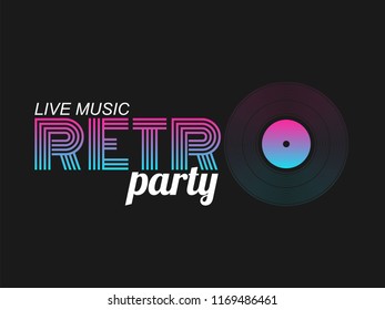 Vector poster for the live retro music party  with letter O stylised vinyl record. Vintage design logo on black background