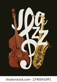Vector poster, logo or banner for a jazz music with a double bass, saxophone, treble clef and inscription. Suitable for flyer, invitation, poster, cover, design element, advertising. No ai