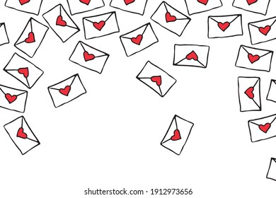 Vector poster, love letters for backdrop to the day of St. Valentine. Seamless pattern of Envelopes with red hearts in the doodle style. Lots of valentines for you